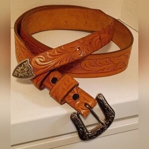 Mens Western Leather Belt Floral Tooled Silver Buckle Size 38 Made in‎ USA